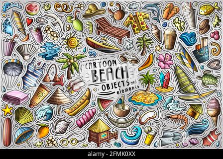 Colorful vector hand drawn doodle cartoon set of Summer beach theme items, objects and symbols Stock Vector