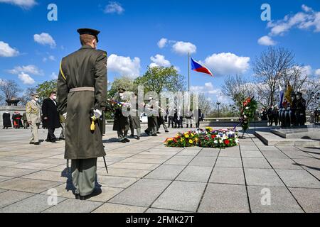 Prague, Czech Republic. 08th May, 2021. Czech political and military representatives commemorated the 76th anniversary of the end of WWII at a ceremony at the Vitkov Memorial in Prague, Czech Republic, May 8, 2021. Credit: Vit Simanek/CTK Photo/Alamy Live News