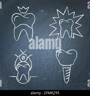 Stomatological procedures icon set on chalkboard. Dental treatment symbols. Medical vector illustration. Stock Vector