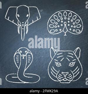 India chalkboard icons set in line style. Sacred animal symbols including tiger, cobra snake, elephant and peacock. Vector illustration. Stock Vector