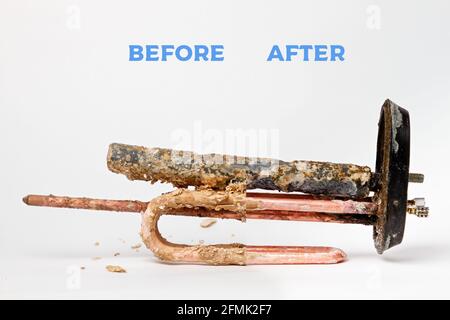 Heating element for heating water in domestic water heaters and boilers on white background. Before and after. Stock Photo