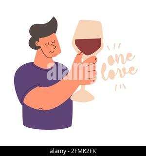 Cute man with a glass of red wine. Lettering text one love. Vector color trending character. Stock Vector