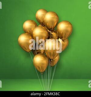 Gold balloons bunch on a green wall background. Horizontal banner. 3D ...
