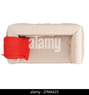 Light beige fabric soft sofa with a bedspread on the armrest on white background. 3d rendering. Top view Stock Photo