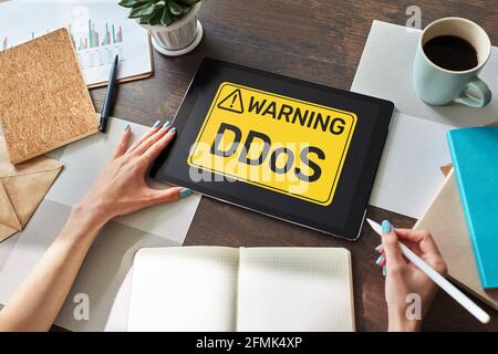 DDoS attack detection message. Virus and Hacking. Cyber security and internet concept Stock Photo