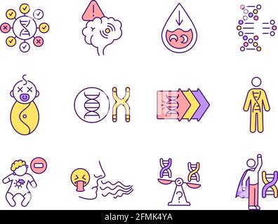 Genetic diseases RGB color icons set Stock Vector