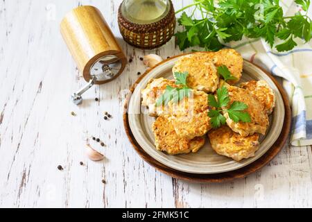 Healthy vegan food. Tasty homemade Red fish cutlets on a wooden rustic table. Copy space. Stock Photo