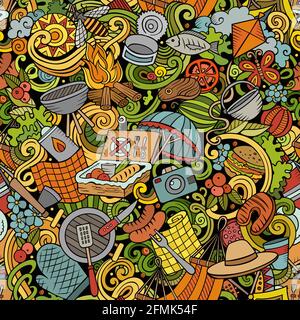 Picnic hand drawn doodles seamless pattern. BBQ background. Stock Vector