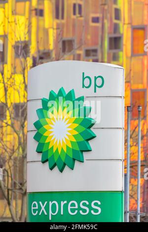 Deventer, The Netherlands - April 28, 2021: British Petroleum BP display stand with company logo at a petrol station in Deventer, The Netherlands Stock Photo