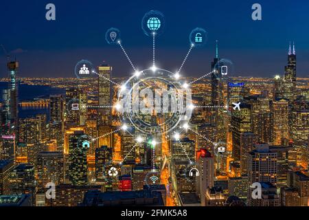 Technology connection line of Smart City over Chicago cityscape river side at the twilight time, network connection with wireless technology, centrali Stock Photo