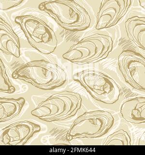 Oysters vector seamless background, hand drawn sea food background Stock Vector