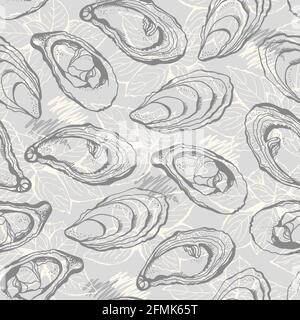 Oysters vector seamless background, hand drawn sea food background Stock Vector