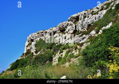 Small caves in limestone cliffs on the coast of Mediterranean in Malta Stock Photo