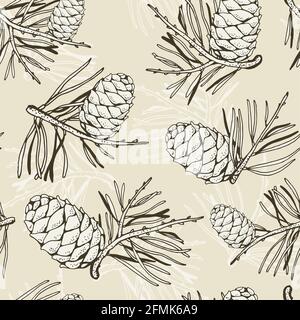 Pine cedar cone with a sprig, vector seamless hand drawn background Stock Vector