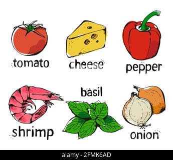 Vector set of ingredients for pizza, tomatoes, cheese, pepper, basil, onion, shrimp isolated on a white background Stock Vector