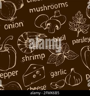Vector set of ingredients for pizza, tomatoes, cheese, pepper, basil, onion, shrimp, mushrooms, ham, garlic, olives, meat isolated on a brown backgrou Stock Vector