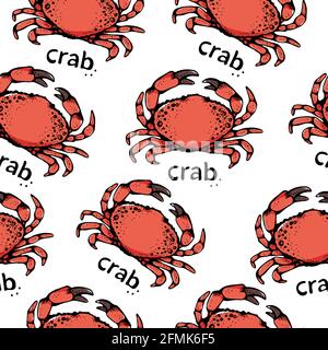 Crab vector seamless pattern, hand drawn seafood background Stock Vector