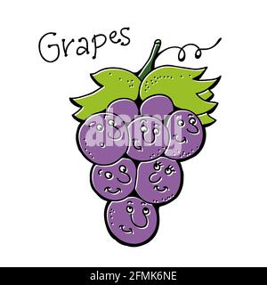 Branch of purple grape fruit in cartoon style with funny smile isolated on white background Stock Vector