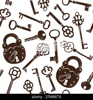 Keys vintage seamless pattern, old keys vector background with decorative elements in retro style Stock Vector