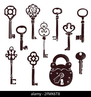 Keys vintage collection, old keys vector set with decorative elements in retro style Stock Vector