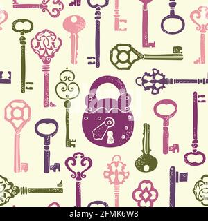 Keys vintage seamless pattern, old keys vector background with decorative elements in retro style Stock Vector