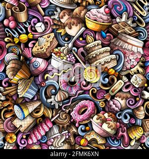 Cartoon doodles Desserts seamless pattern. Stock Vector