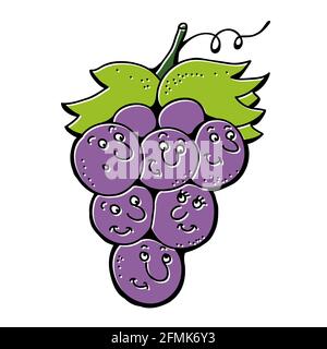 Branch of purple grape fruit in cartoon style with funny smile isolated on white background Stock Vector