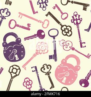 Keys vintage seamless pattern, old keys vector background with decorative elements in retro style Stock Vector