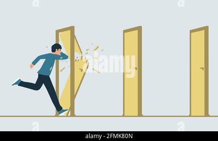 Vector illustration of a running man who destroys closed doors on his way. The metaphor of overcoming obstacles. The concept of a breakthrough. Stock Vector
