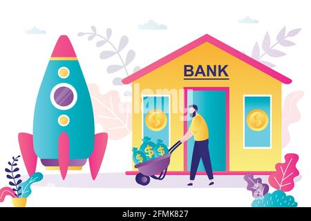 Client with loan from bank. Man pushing cart with money bags. Bank building and businessman. Financing new startup or business. Male character in tren Stock Vector