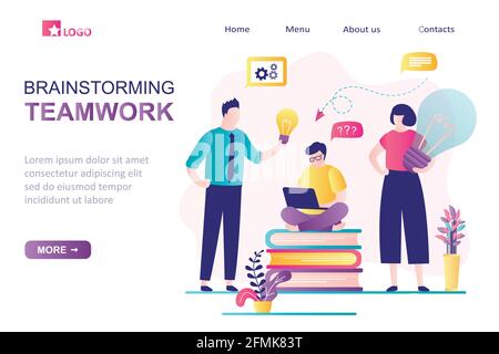 Brainstorming, teamwork landing page template, colleagues discuss new idea and solve business problems. Consulting service concept. Office work, group Stock Vector