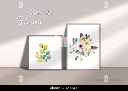 Floral bouquets elements watercolor hand-painted. Presented on a wall hanging picture frame with shade passing through perfect for designing wall deco Stock Vector