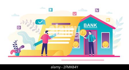Businessman signs loan agreement. Bank building, credit manager giving money. Business people in trendy style. Loan process concept. Male clerk with g Stock Vector