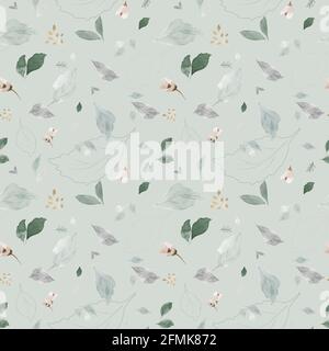 Seamless pattern with watercolor leaves. Natural leaves and flower watercolor hand-painted on green background, perfect for wedding, postcards, wrappe Stock Vector
