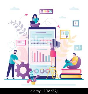 Mobile Data analysis concept. Management app, consulting process or business project. Various web analytics, teamwork. Online information analysis of Stock Vector