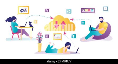 Cloud data storage. Various business people working online. Download and upload data, information via internet. Cloud computing concept. Remote work. Stock Vector