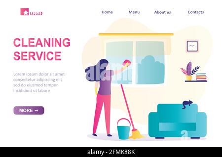 Cleaning service landing page template. Room interior with  furniture. Woman doing cleaning, washing window and floor. Female character back view, mop Stock Vector