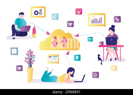 Cloud data storage. Group of business people working online. Download and upload data, information via internet. Cloud computing concept. Remote work. Stock Vector