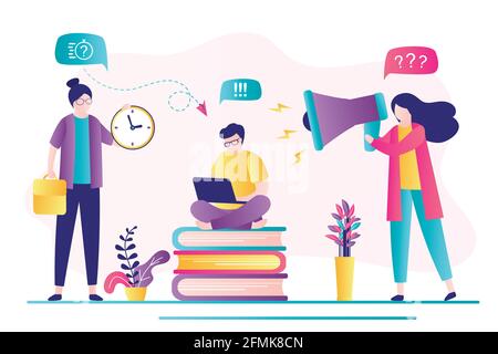 Time management and deadline concept. Angry female boss and business woman scream in megaphone at overworked man worker. Office teamwork. Male employe Stock Vector