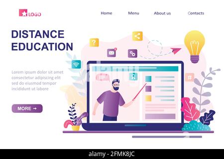 Distance education landing page template. E-learning, home schooling. Man tutor or teacher on display. Web courses or tutorials concept. Online educat Stock Vector
