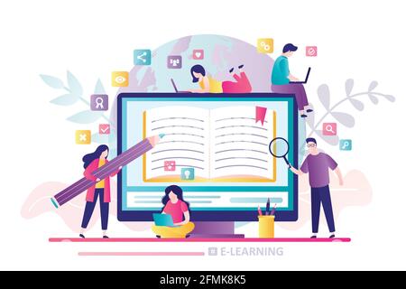 E-learning banner. Online education, home schooling. Display with open textbook. Group of various students learning. Web courses, tutorials. Education Stock Vector