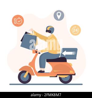 Delivery man ride motorbike and holding shopping bags. Man courier with protective mask on face. Fast delivery banner. No contact and safe courier ser Stock Vector