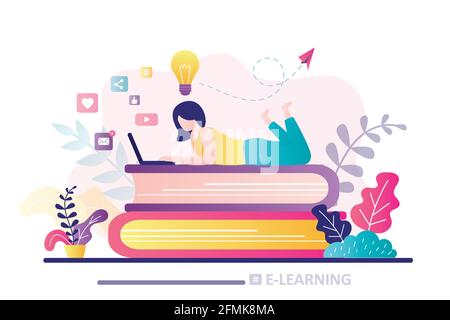 E-learning banner. Online education, home schooling. Girl student working on laptop. Web courses or tutorials. Education, brainstorming concept. Woman Stock Vector
