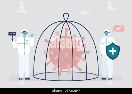 Medical workers in protective uniform and coronavirus in cage. Stop spread of virus and disease. Victory over the viral infection. Health care concept Stock Vector