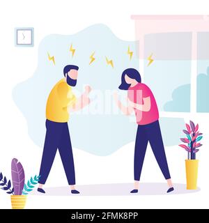 Couple in quarrel. Married couple ready to fight. Depression and divorce. Relationship family conflict, stress. Unhappy male and female characters. Ro Stock Vector