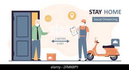 Grandfather on self-isolation receives an online purchase. Delivery man with box and elderly client. Male courier in uniform. People in protective mas Stock Vector