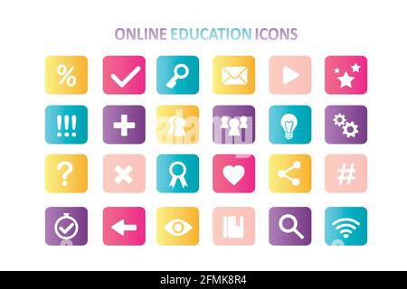 Set of online education icons. 24 icons for e-learning and internet education. Web signs template. Colorful pictograms isolated on white background. F Stock Vector