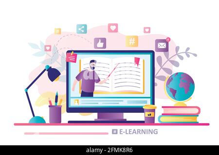 E-learning concept banner. Online education. Modern workplace, man teacher on laptop screen. Web courses or tutorials, software for learning. Educatio Stock Vector