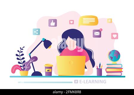 E-learning banner. Online education, home schooling. Modern workplace, Girl student working on laptop. Web courses or tutorials concept. Education con Stock Vector