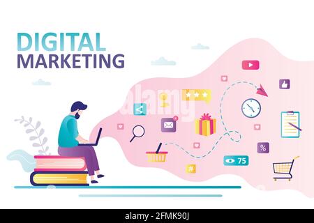 Social network and media communication. Promotion and SEO. Business analysis, content strategy and management. Digital marketing concept. Businessman Stock Vector